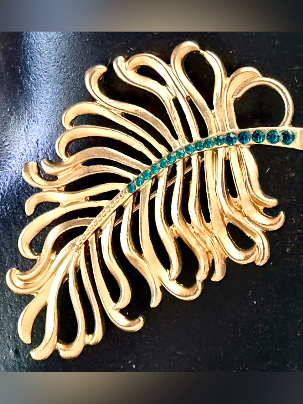 OUMALA Gold Feather Brooch with EMERALD GREEN Crystals - Women Jewelry-Signed